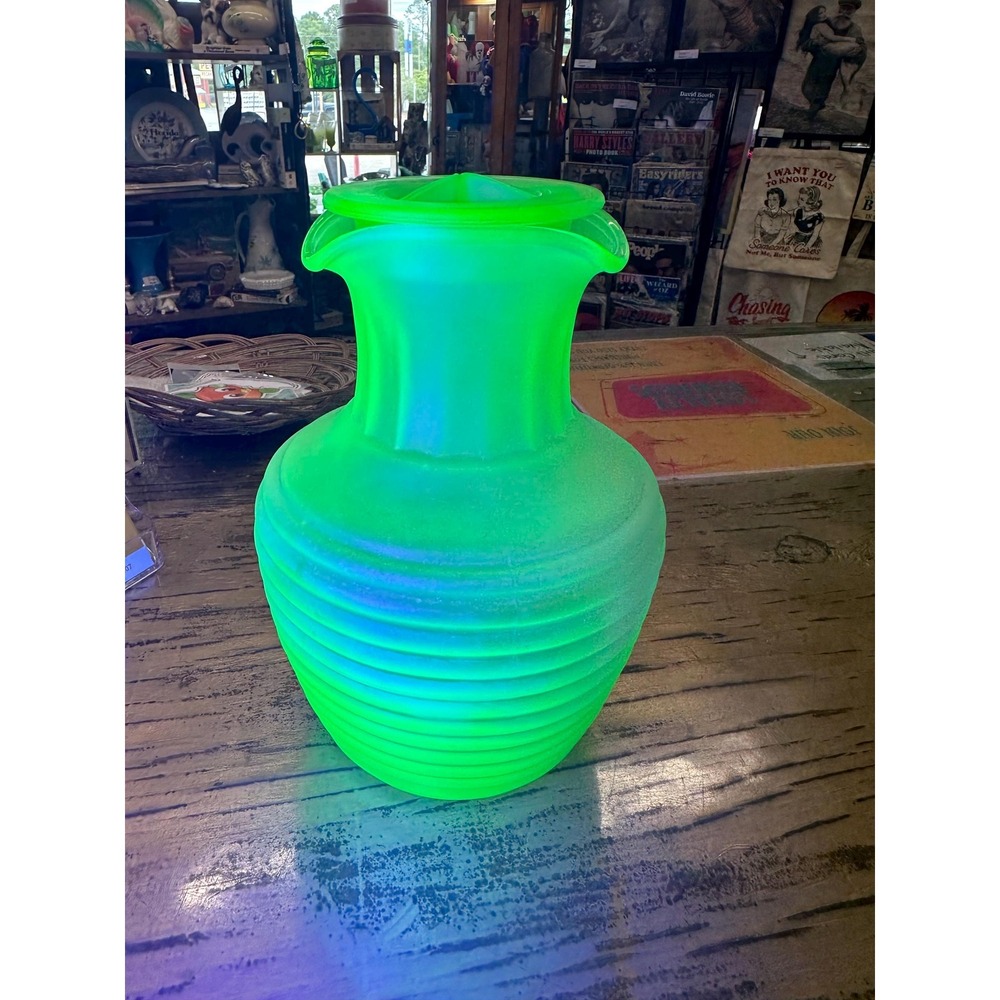 1930s Frigidaire Uranium Glass Iced Tea Pitcher, Ribbed Green Jug with Lid